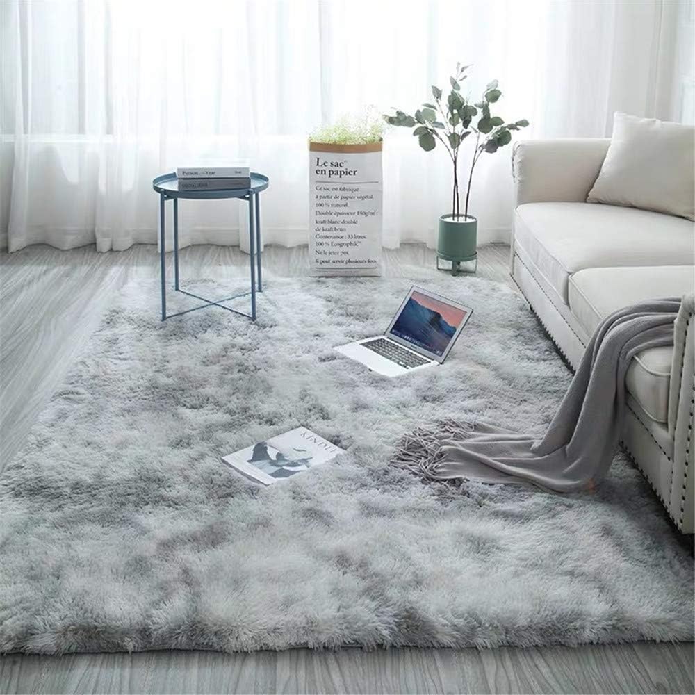 Alfombra de pelo largo gris claro, suave para salón o dormitorio