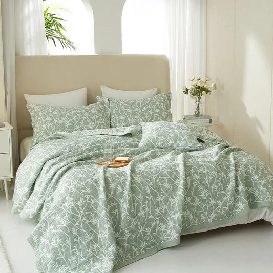 Green Cotton Jacquard Summer Quilt, Botanical Design – Premium Quality.