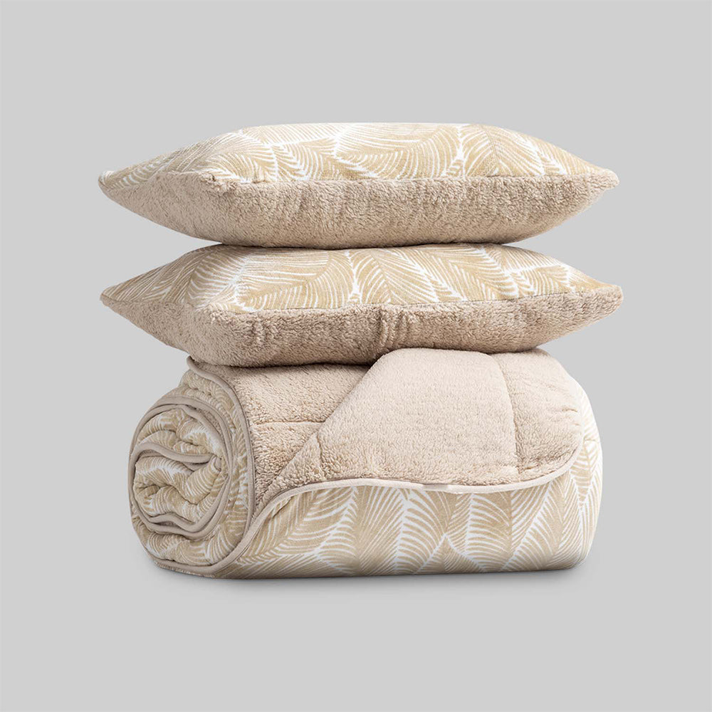Edredón invierno sherpa cálido con estampado con hojas beige.