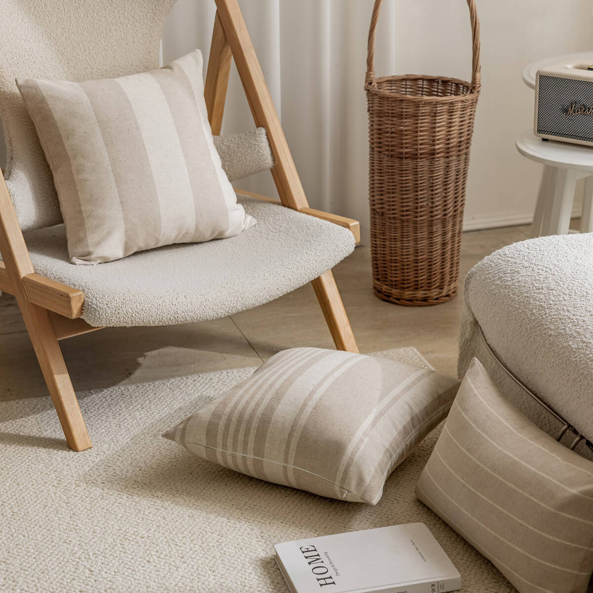 Beige Linen Cushion Cover with Wide Stripes, Natural Elegance for Sofas and Beds.