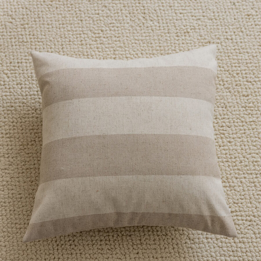 Beige Linen Cushion Cover with Wide Stripes, Natural Elegance for Sofas and Beds.