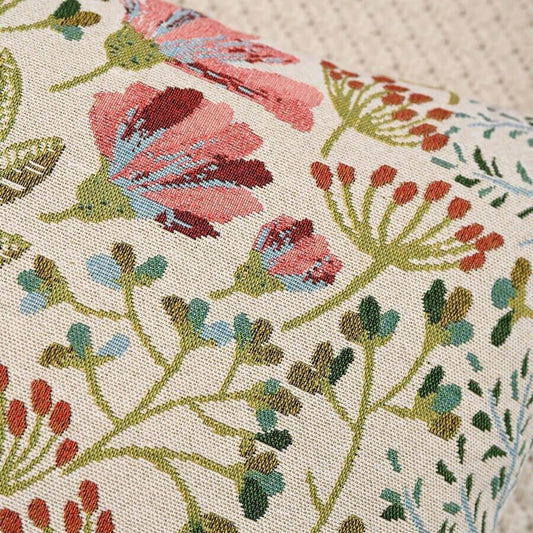 Funda de cojín flores rosa y hojas verdes, tejido premium Jacquard.