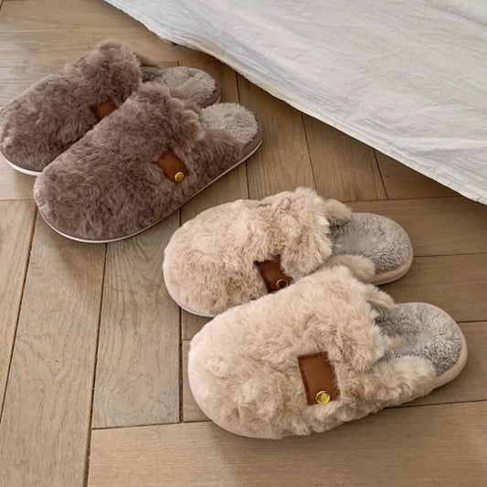 Brown slippers with very soft fur, warm and comfortable