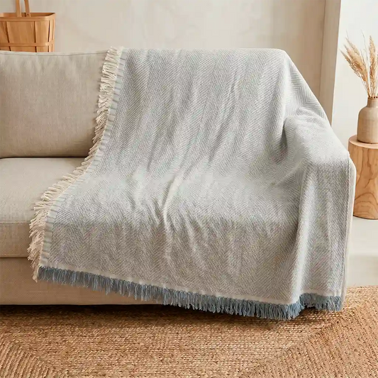 Colcha de Verano Multiusos Algodón Azul con Flecos