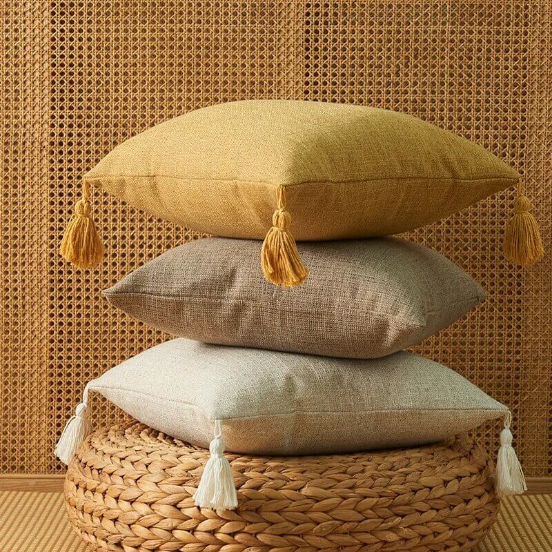 Funda de cojín Sofá liso blanco roto natural con Borlas para un hogar acogedor.