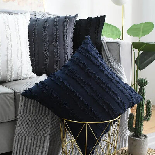 Funda de cojín con franjas de flecos gris, algodón y lino.