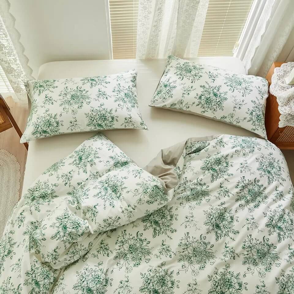 Funda nórdica de flores verdes con estampado reversible, 100% Algodón.