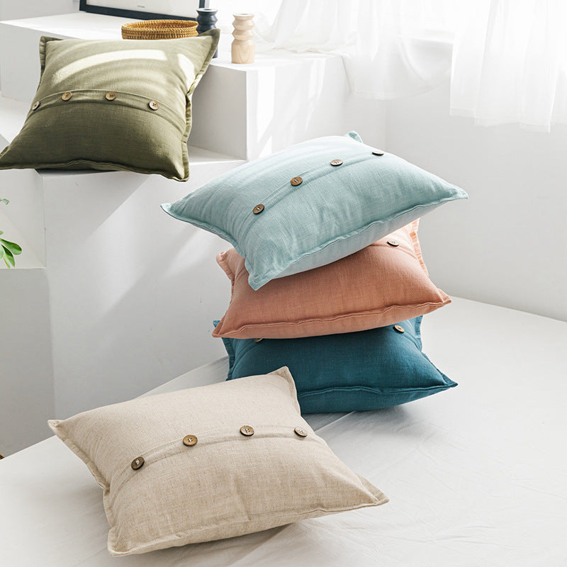 Funda de Cojín lino y algodón con botones. Color Azul Claro. - Oma Home
