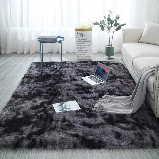 Alfombra de pelo largo gris oscuro, suave para salón o dormitorio