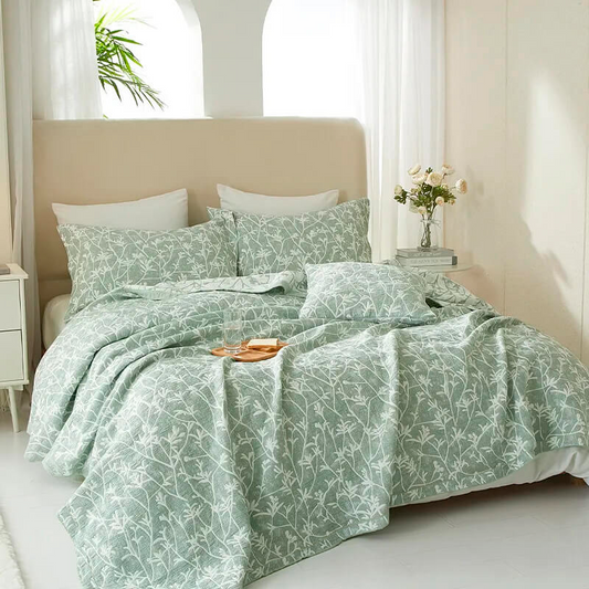 Colcha de Verano Jacquard Algodón Verde, Diseño Botánico – Calidad Premium.