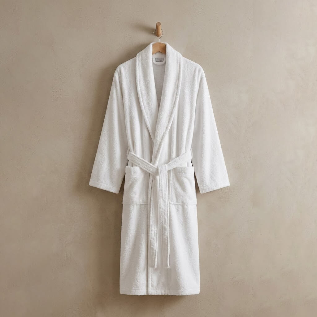 Albornoz blanco modelo Classic de rizo 100% algodón con gramaje de 450 gramos.