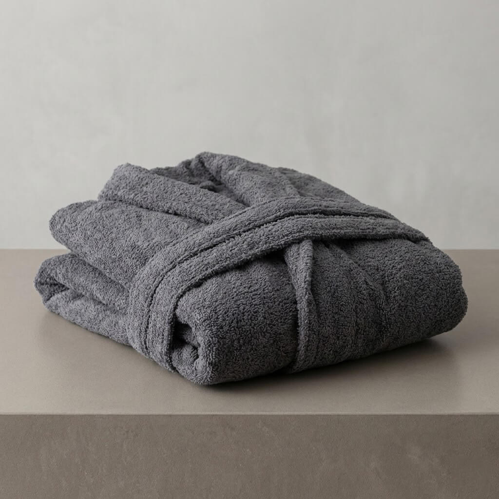 Primer plano del albornoz con el tejido de rizo americano de alta absorción 450 gramos en color gris oscuro con detalle en el cinturón.