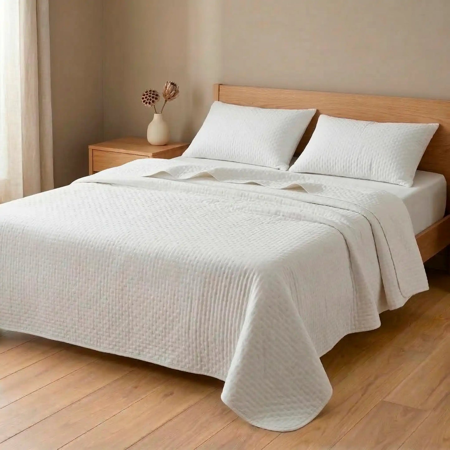 Colcha reversible blanca de verano mostrando su sutil diseño de rombos a tono