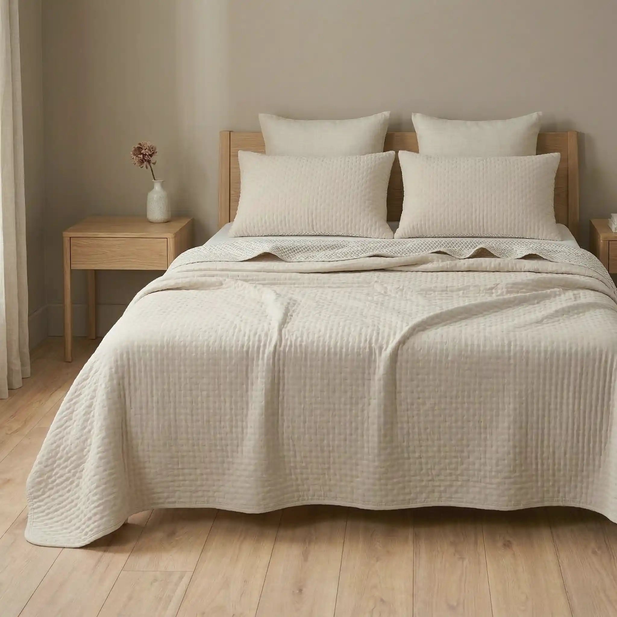 Colcha reversible beige para verano mostrando el reverso blanco con rombos