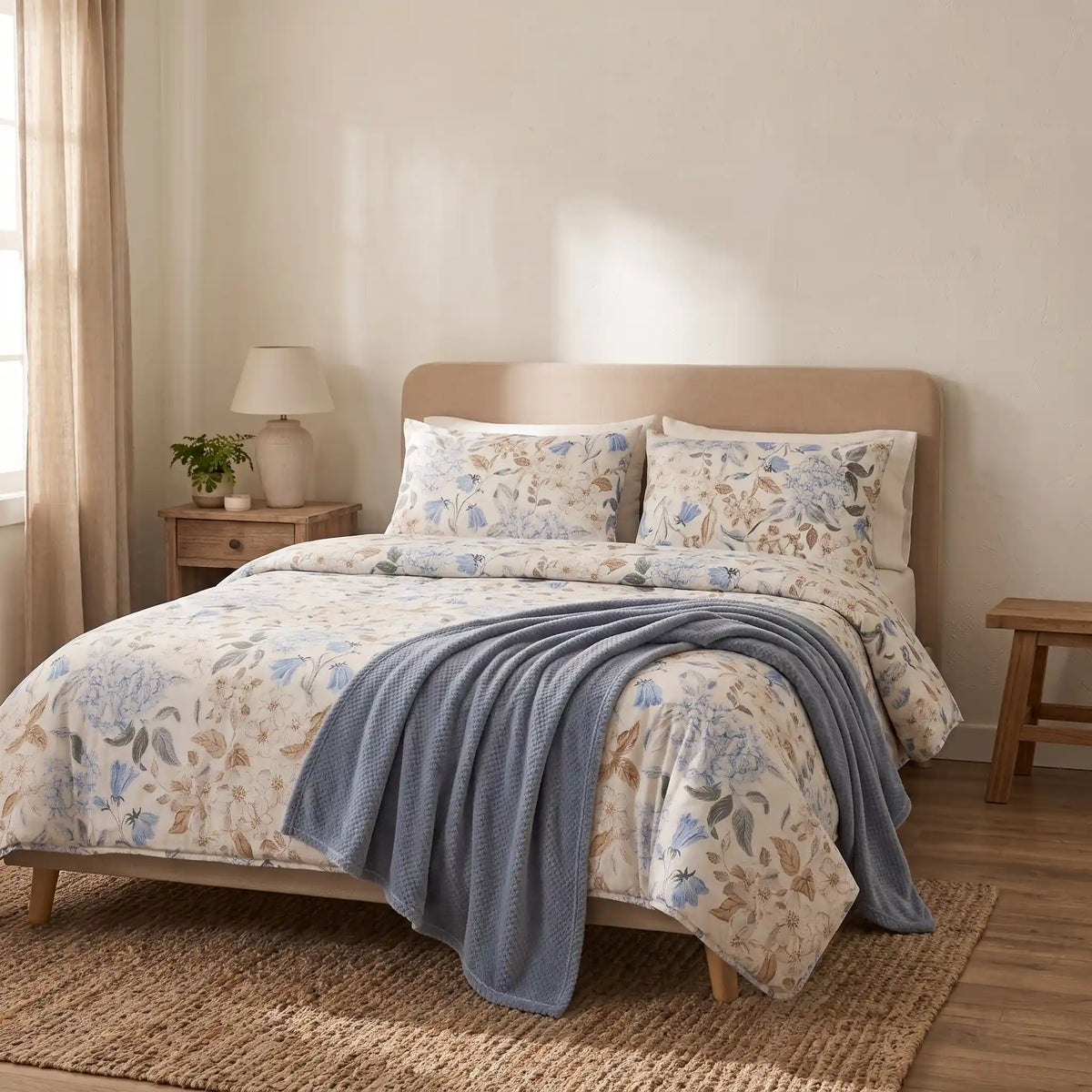 Vista superior de una cama decorada con un edredón de entretiempo estampado natural, destacando cómo viste el colchón y aporta luz a la habitación.