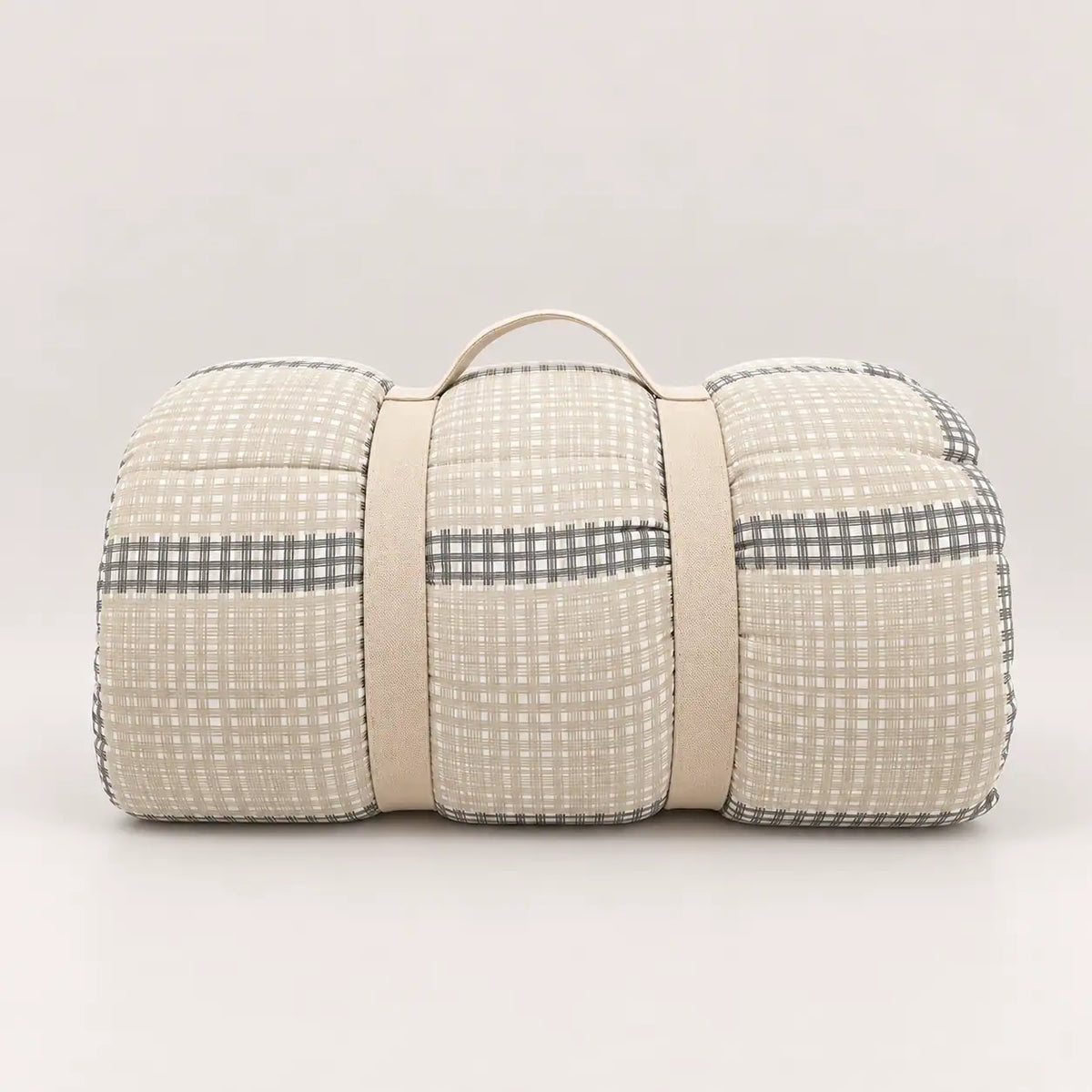 Mid-season duvet with a practical storage handle, showing its main check design in beige and grey tones.
