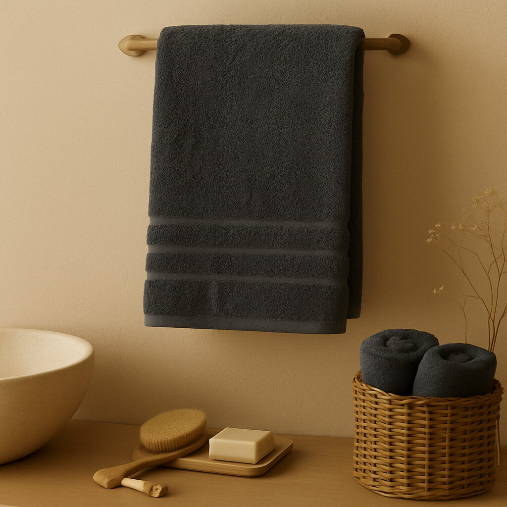 Toalla 100% Algodón Egipcio 700gr/m2, color gris oscuro. Extra suave y muy absorbente.