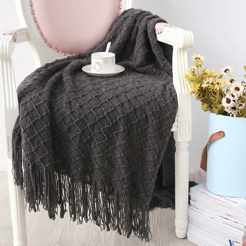 Manta de punto con flecos. Color gris oscuro. - Oma Home