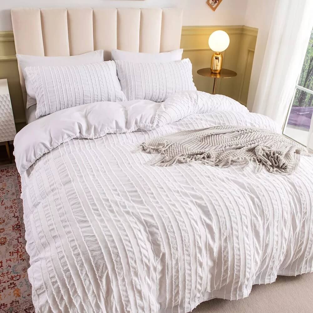 White Duvet Cover with raised stripes extra soft microfiber