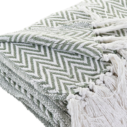 Manta Plaid 100% Algodón Zigzag. Color Verde. - Oma Home